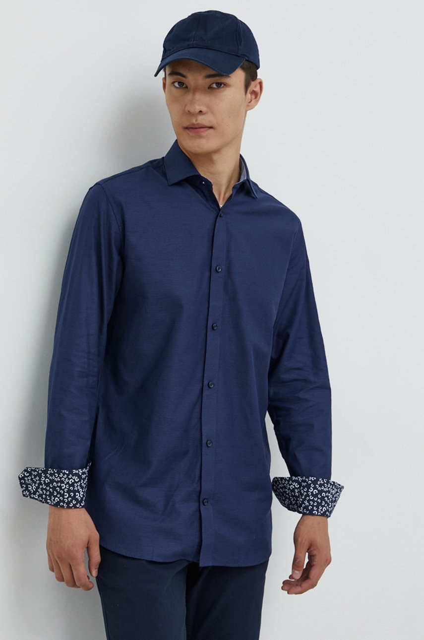 Premium by jack&jones camasa din bumbac barbati, culoarea albastru marin, cu guler clasic, slim