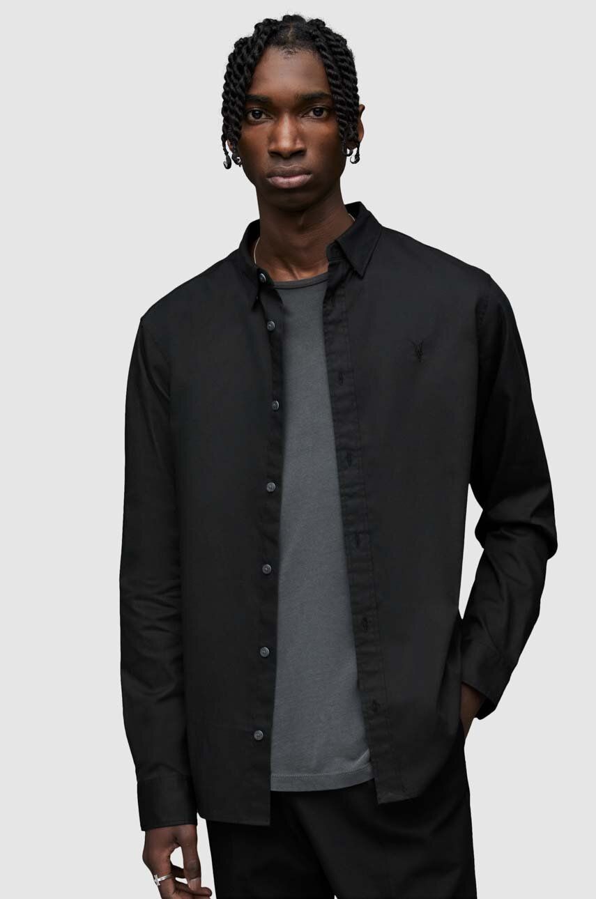 Levně Košile AllSaints pánská, černá barva, regular, s límečkem button-down