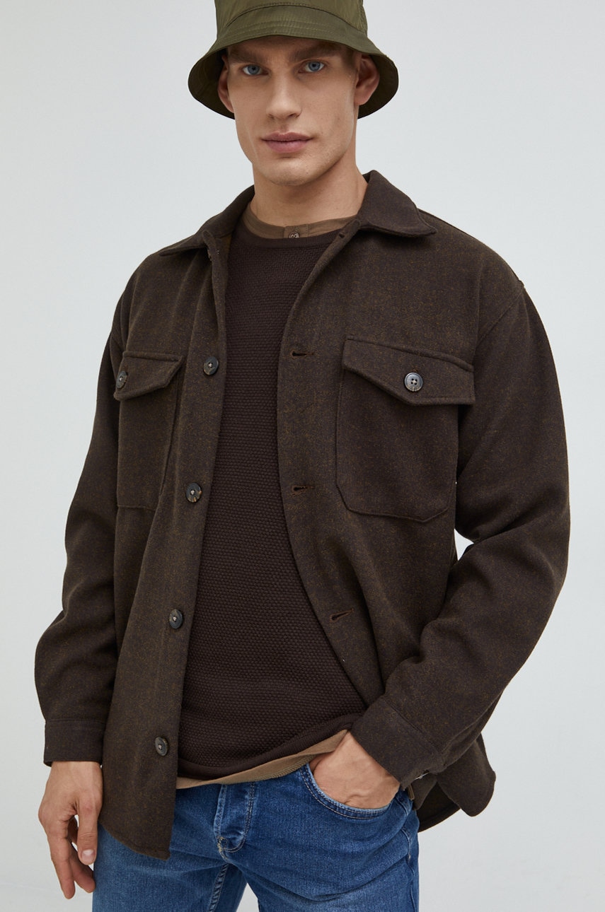 Jack & jones camasa jorollie barbati, culoarea maro, cu guler clasic, regular