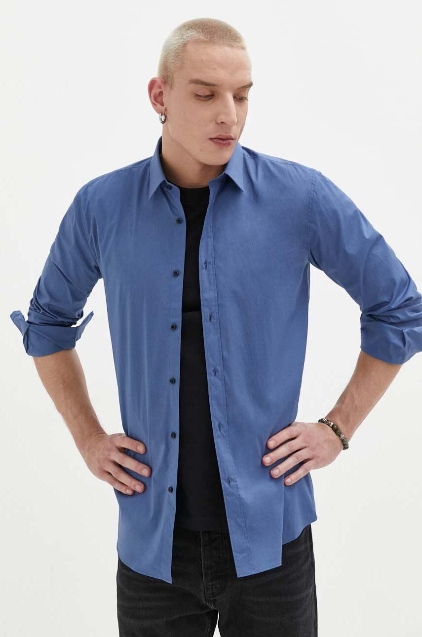 Košile HUGO pánská, bílá barva, slim, s klasickým límcem - modrá - 98 % Bavlna