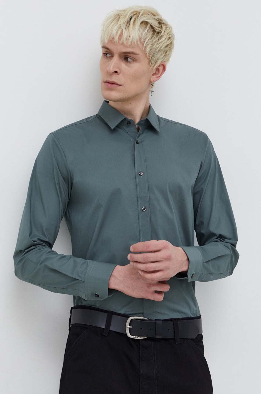 Košile HUGO pánská, zelená barva, slim, s klasickým límcem, 50479396