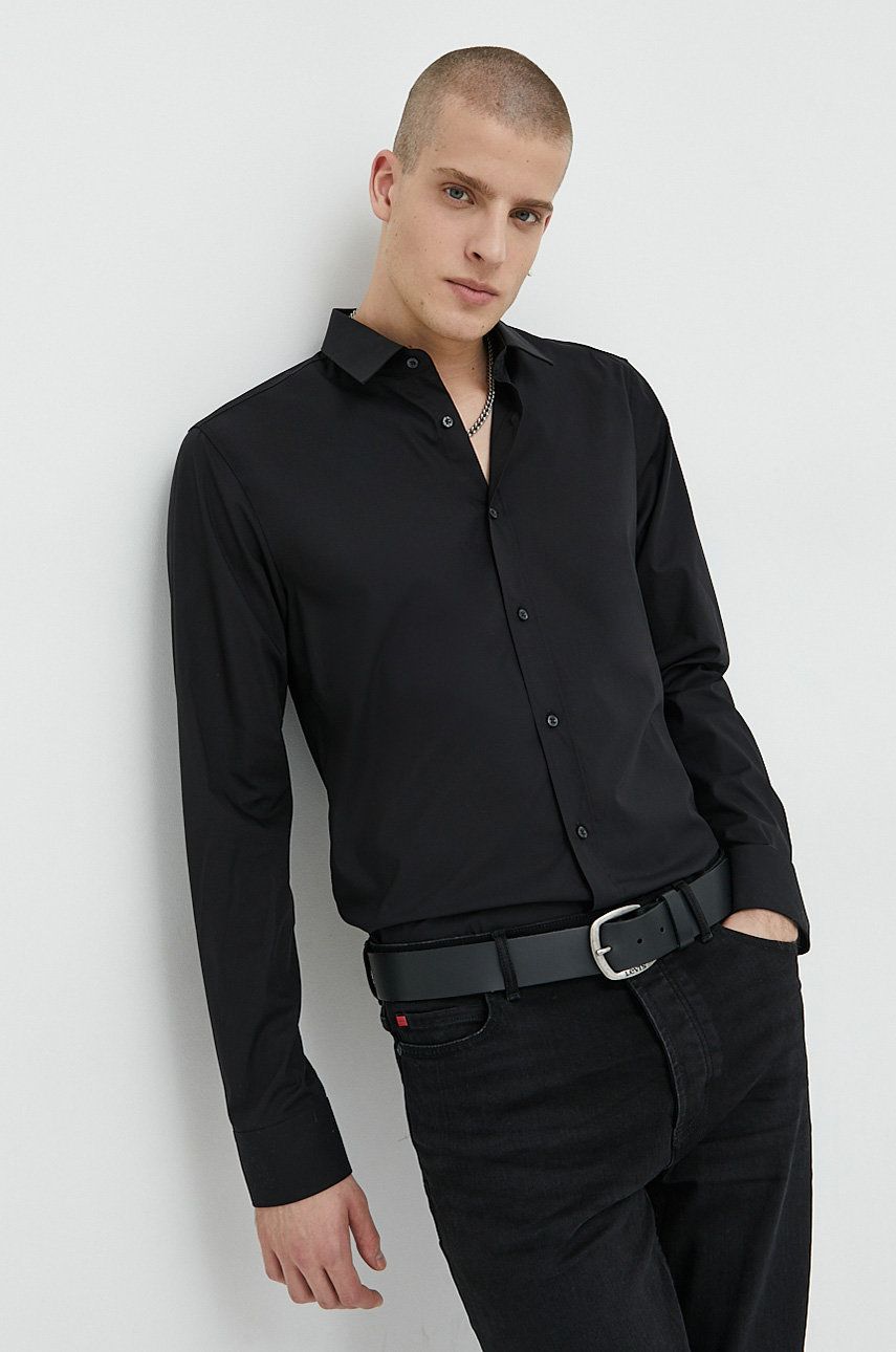 Levně Košile HUGO pánská, černá barva, slim, s klasickým límcem, 50479396