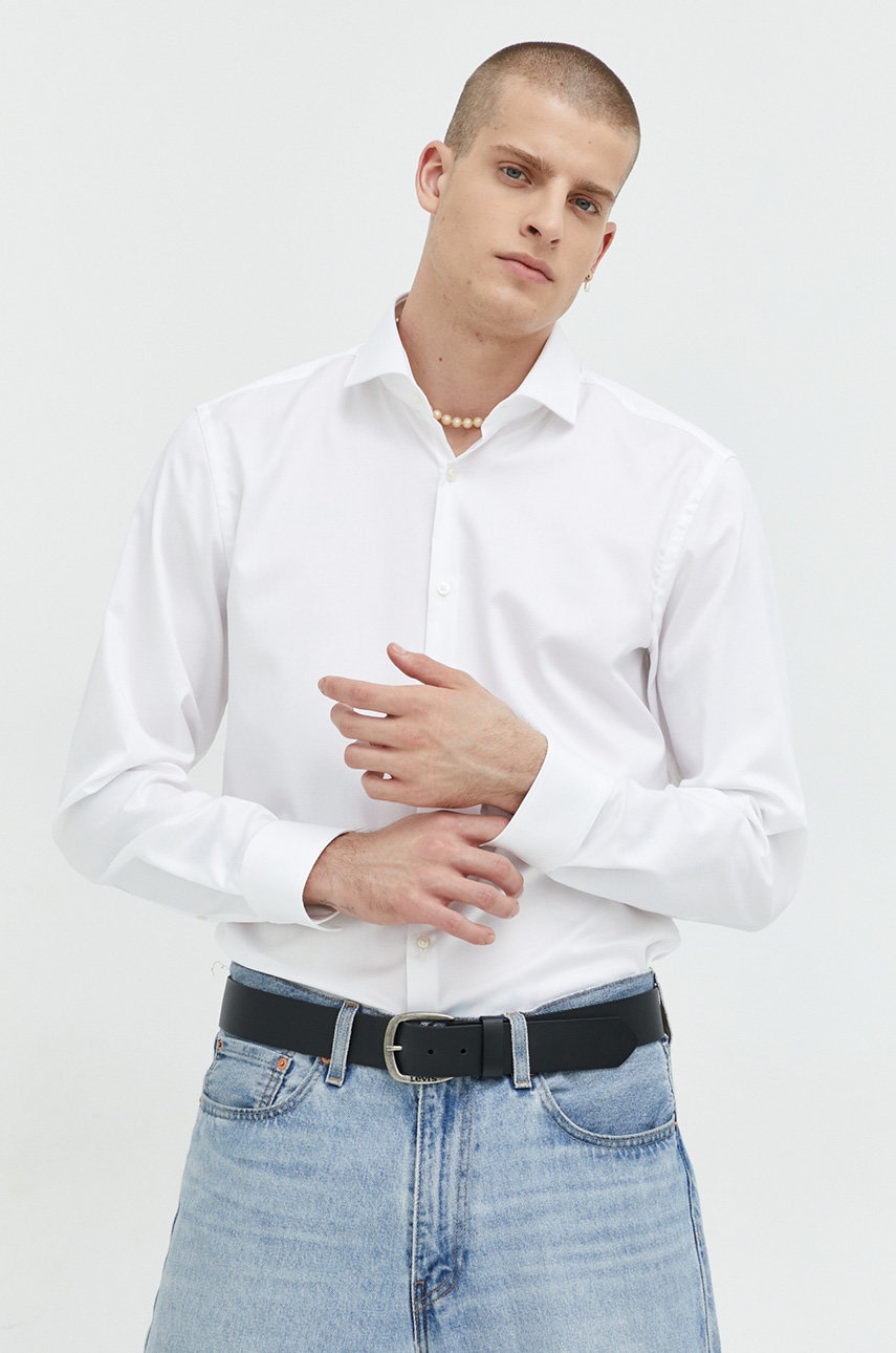 HUGO cămașă din bumbac bărbați, culoarea alb, cu guler italian, slim 50482056