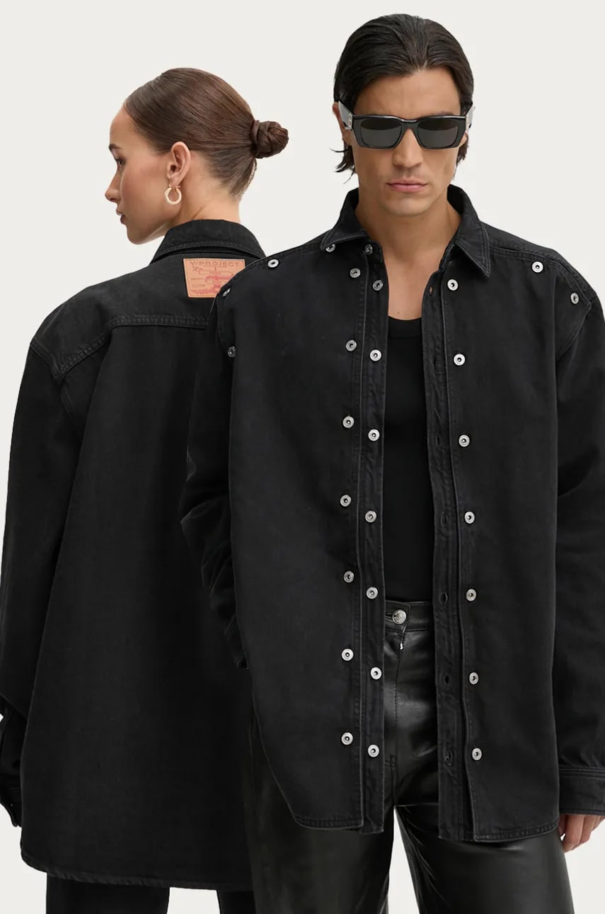 Y/Project geacă din denim EVERGREEN SNAP OFF DENIM SHIRT culoarea negru, de tranziție, 207SI001