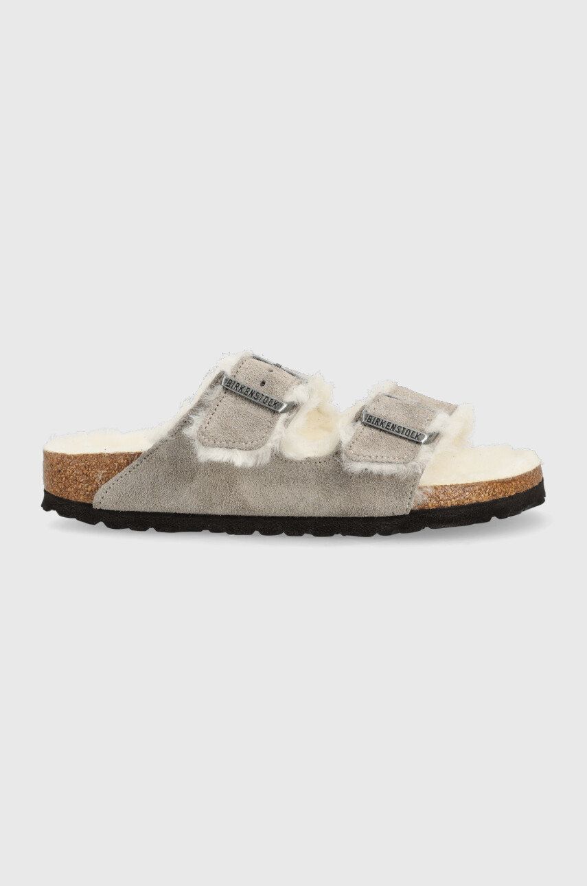 Birkenstock papuci din piele intoarsa Arizona Shearling culoarea gri