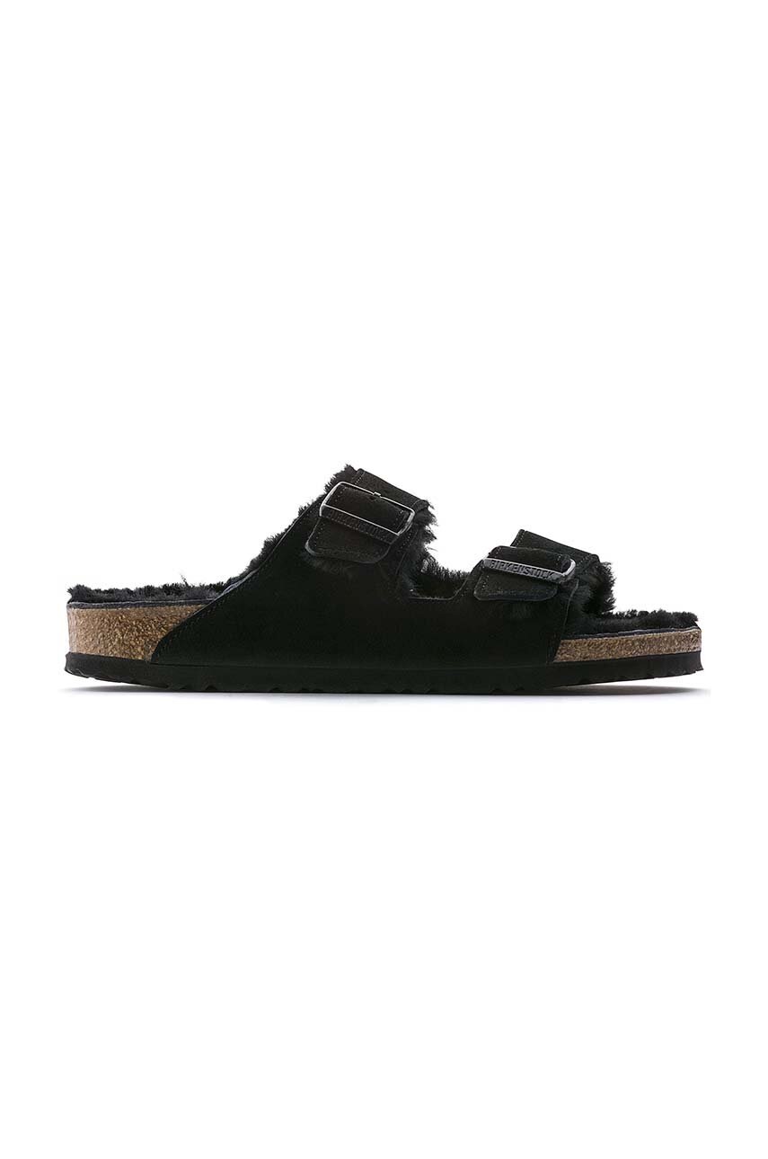 Birkenstock papuci din piele întoarsă Arizona Shearling bărbați, culoarea negru 752661.BLK-BLACK