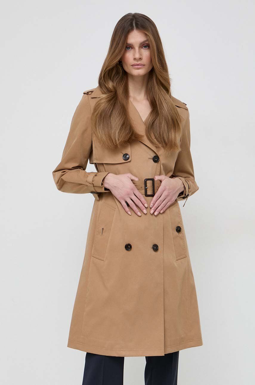 Levně Trench kabát BOSS dámský, béžová barva, přechodný, dvouřadový, 50489115