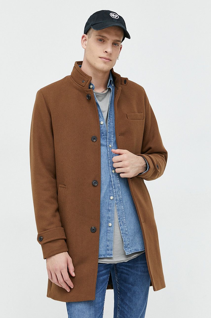Premium by Jack&Jones płaszcz z domieszką wełny kolor brązowy przejściowy