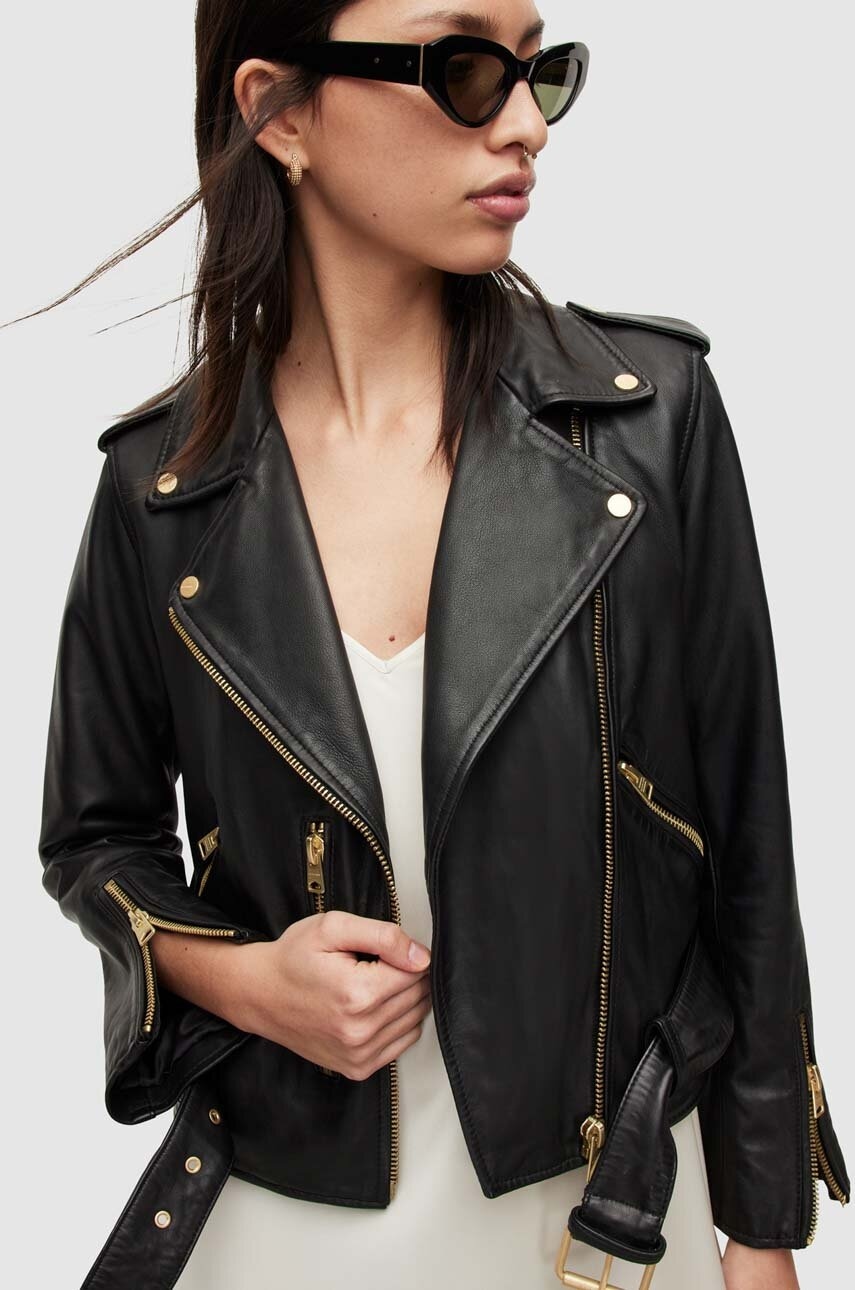 

Кожаная куртка AllSaints женская цвет чёрный переходная