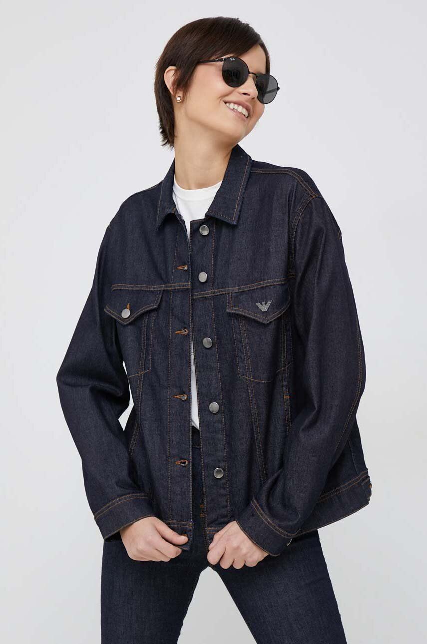 Emporio Armani geacă din denim femei, culoarea bleumarin, de tranziție