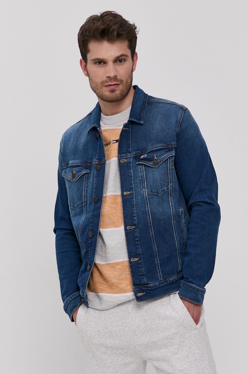 Džínová bunda Tommy Jeans pánská, přechodná - modrá -  99% Bavlna