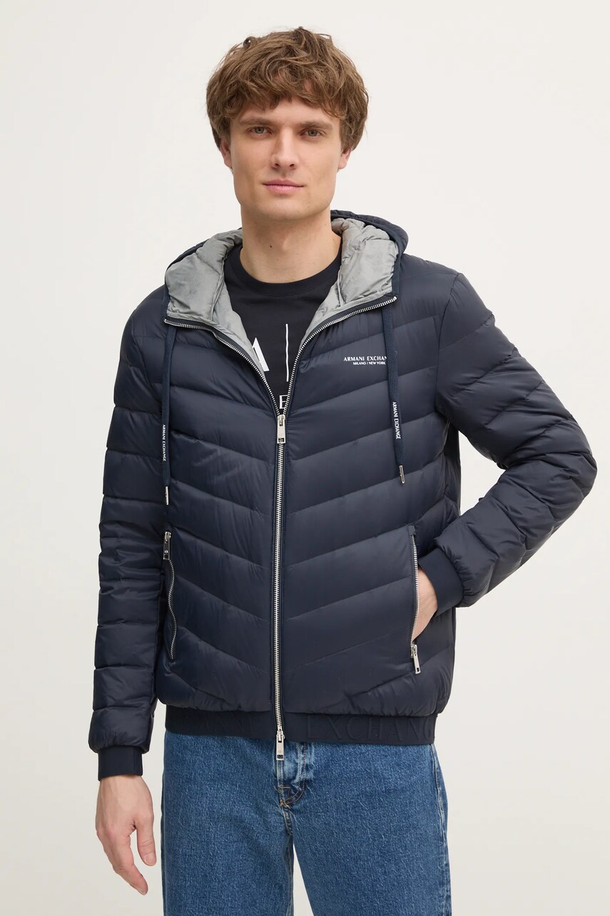 Armani Exchange Geaca de puf barbati, culoarea albastru marin, de iarna