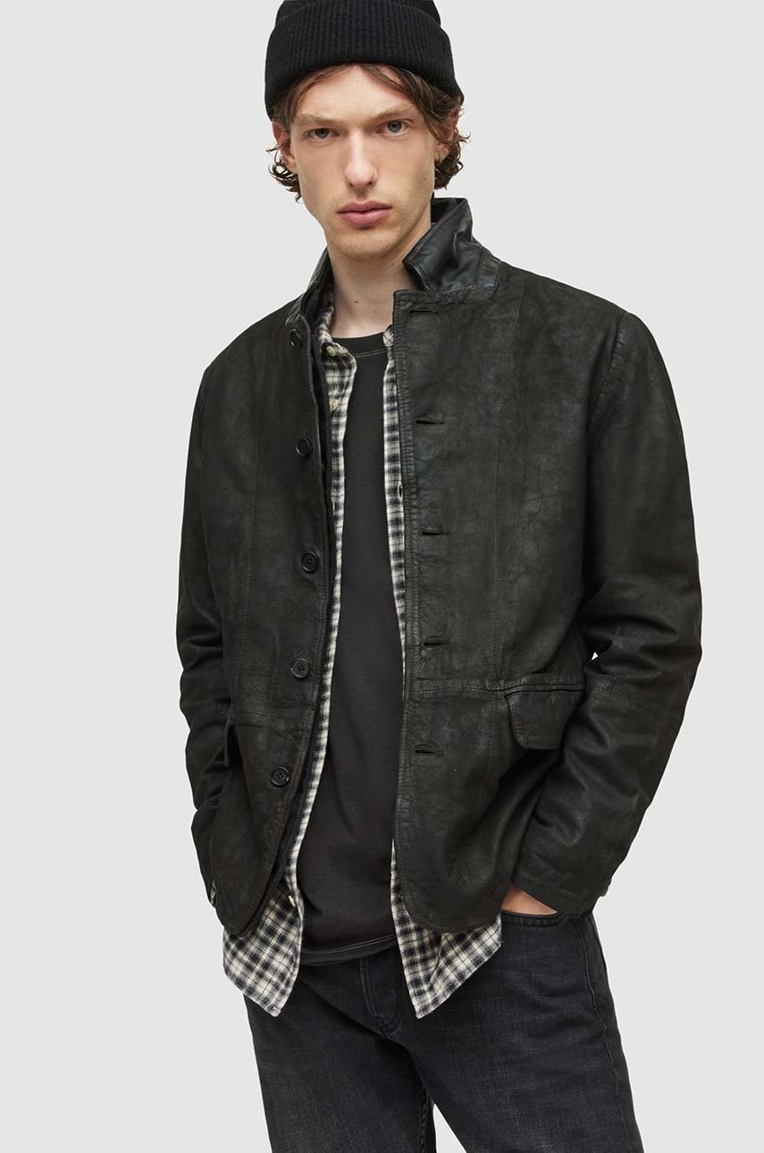 AllSaints o jacheta biker din piele intoarsa barbati, culoarea gri, de tranzitie