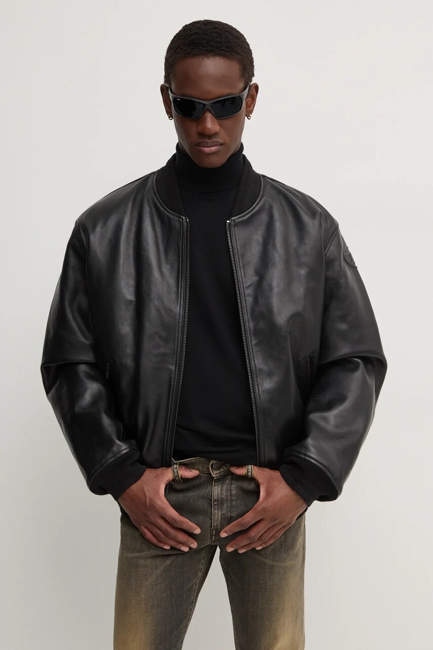 Diesel geaca bomber de piele L-KHAN barbati, culoarea negru, de tranzitie, oversize, A14435.0HJAC