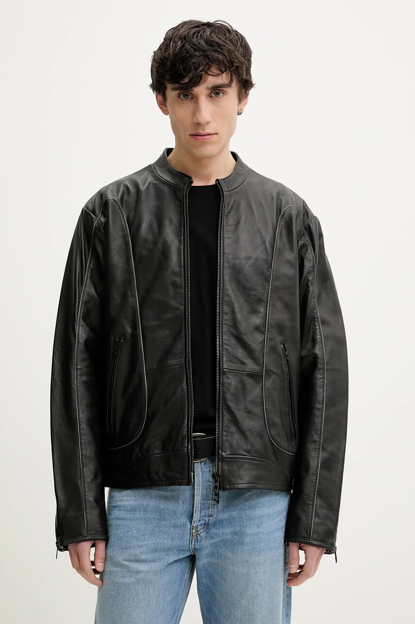 Diesel geaca de piele L-KRIXY JACKET culoarea negru, de tranzitie, oversize, A16866.0EPAU