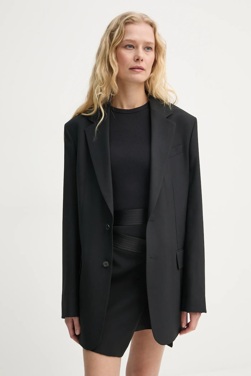 Filippa K geaca de lana culoarea negru, un singur rand de nasturi, neted, 29585 Filippa K geaca de lana culoarea negru, un singur rand de nasturi, neted, 29585