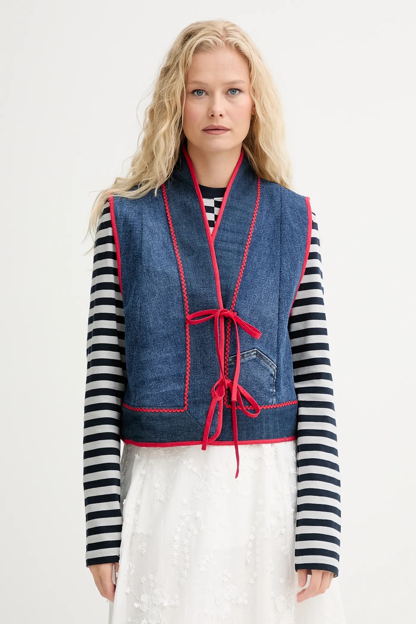 Levně Vesta Renewed creative upcycling tmavomodrá barva, jednořadá, Renewed INTU x Answear