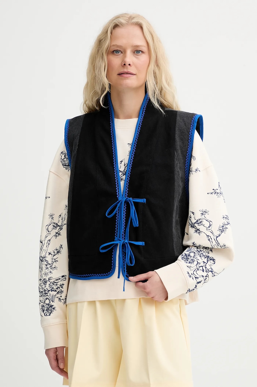 Renewed vestă creative upcycling culoarea negru, un singur rând de nasturi, Renewed INTU x Answear