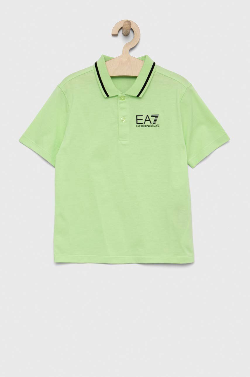 EA7 Emporio Armani tricouri polo din bumbac pentru copii culoarea verde, neted