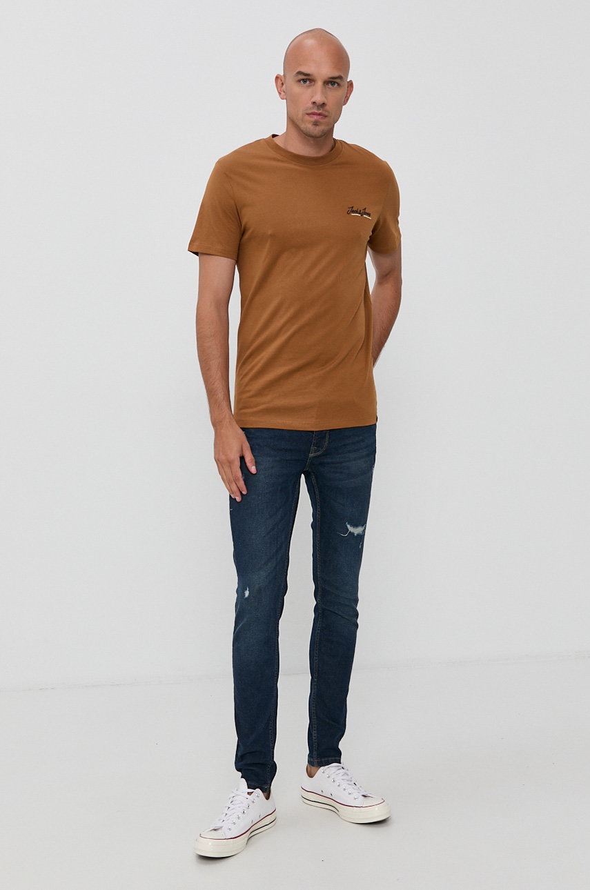 

Бавовняна футболка Jack & Jones колір коричневий гладкий