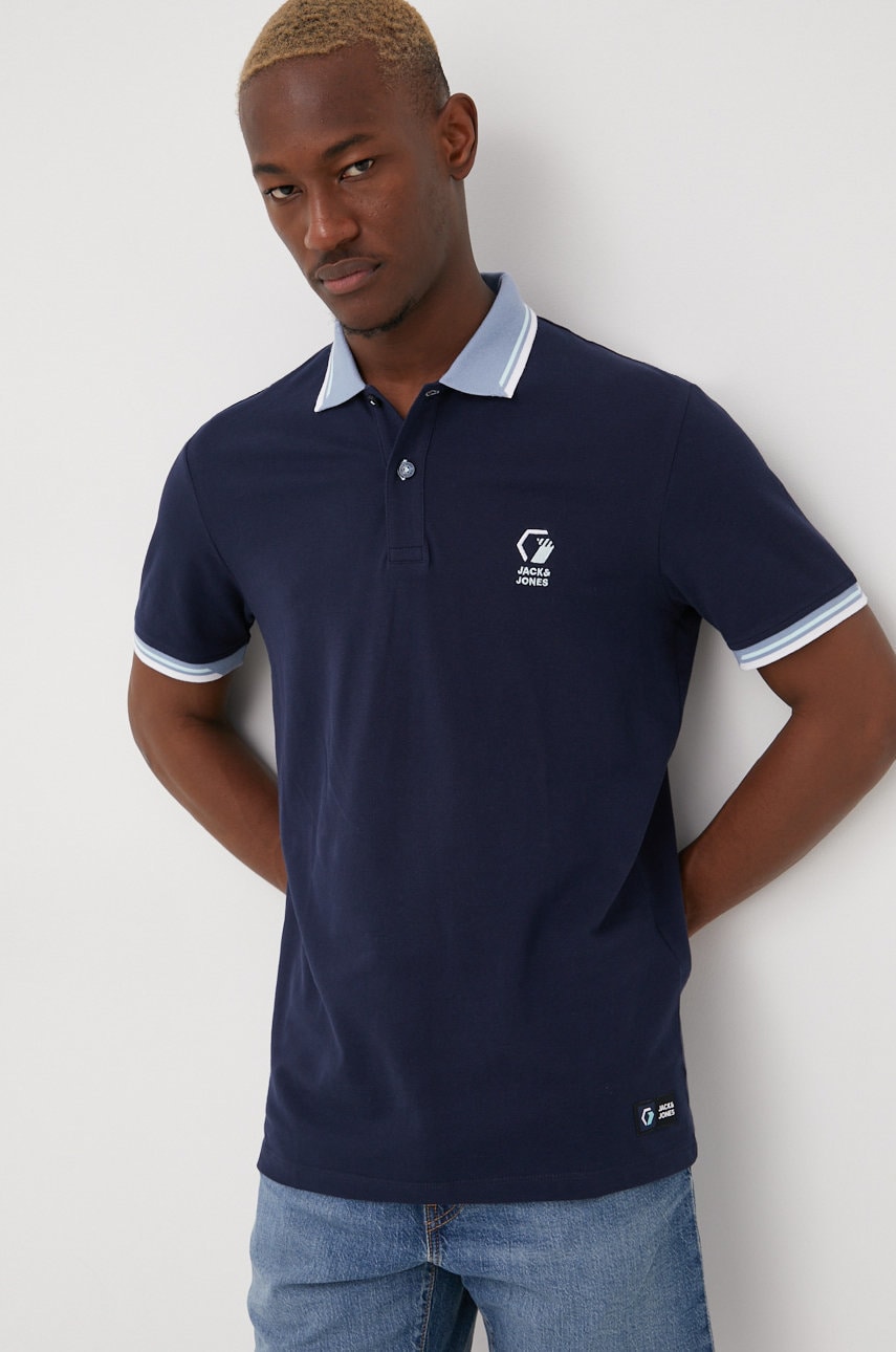 Jack & jones polo de bumbac culoarea albastru marin, neted