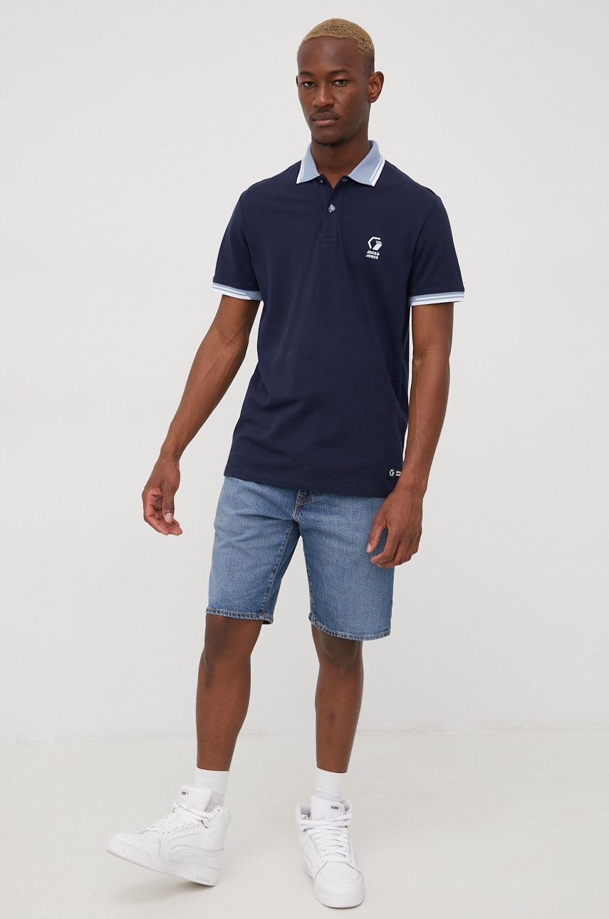 

Бавовняне поло Jack & Jones колір синій однотонний