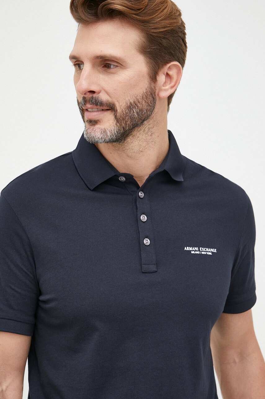 Armani Exchange polo de bumbac culoarea albastru marin, cu imprimeu