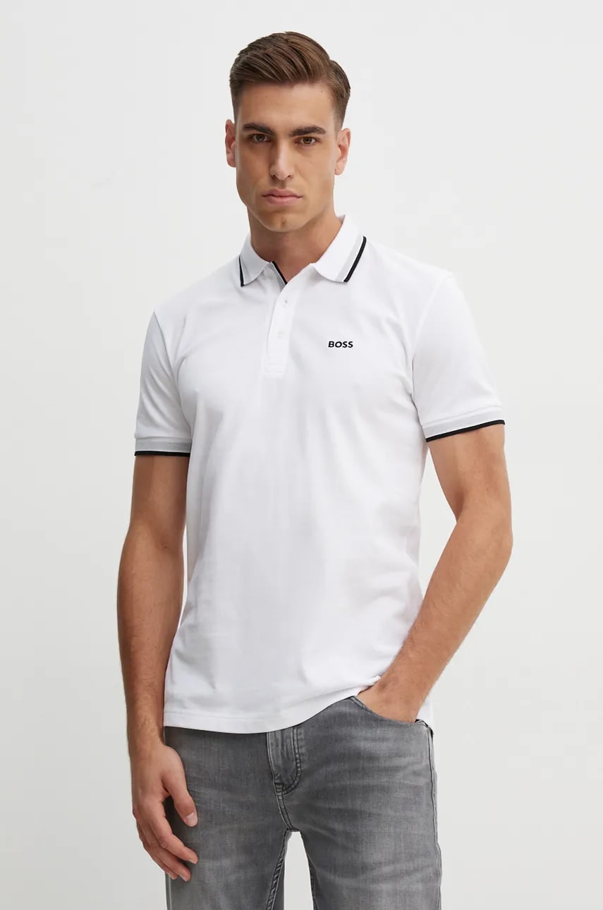 BOSS Green polo de bumbac culoarea alb, neted, 50469055 BOSS Green polo de bumbac culoarea alb, neted, 50469055