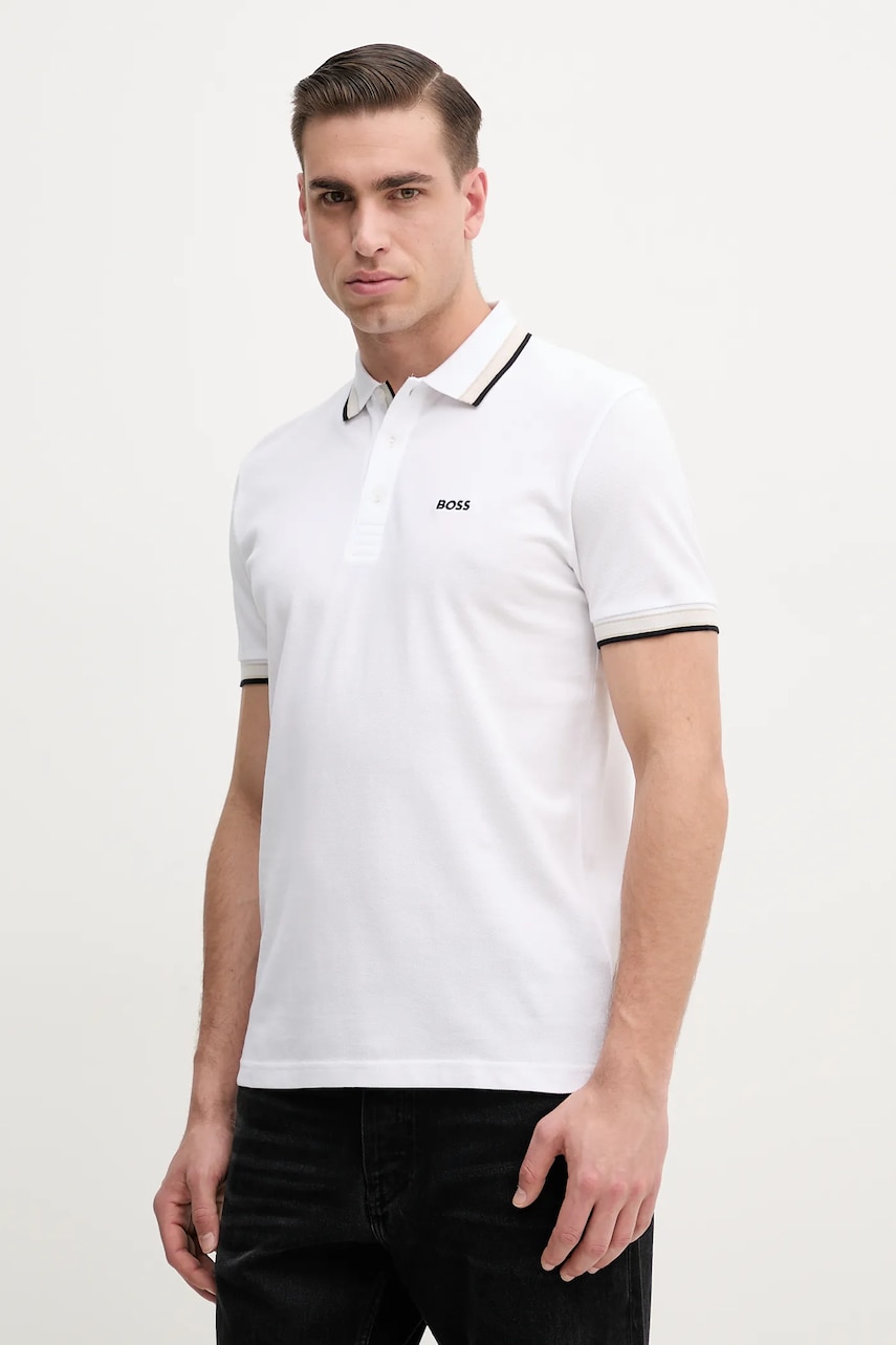BOSS Green polo de bumbac culoarea alb, neted, 50469055 BOSS Green polo de bumbac culoarea alb, neted, 50469055