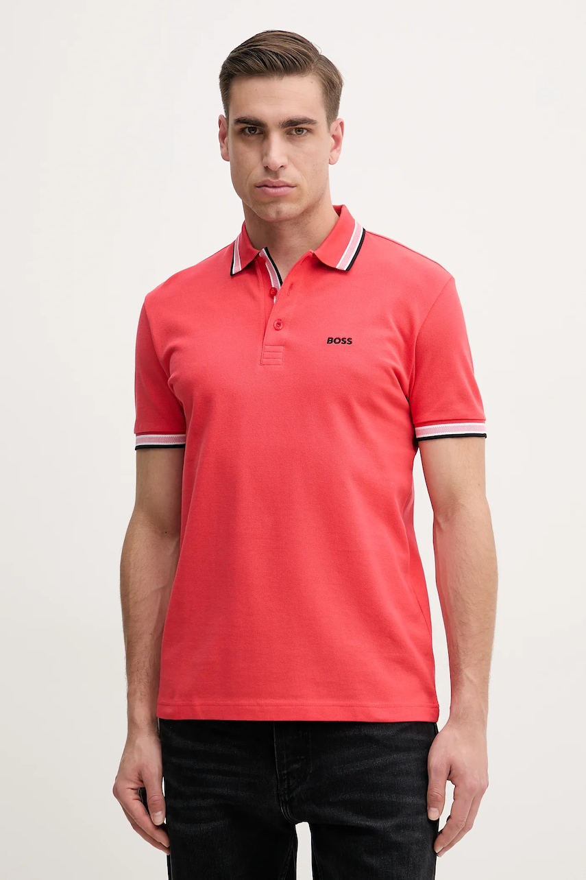 BOSS Green polo de bumbac culoarea rosu, neted, 50469055