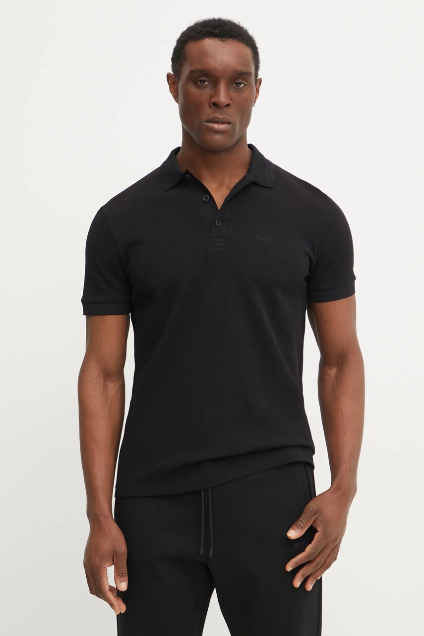 BOSS Green polo de bumbac culoarea negru, neted, 50469055