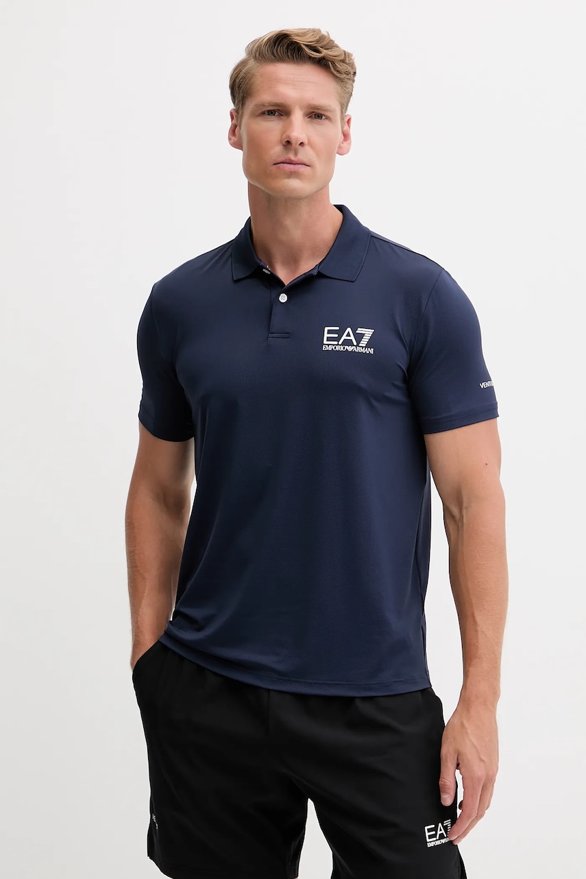 EA7 Emporio Armani tricou polo barbati, culoarea albastru marin, cu imprimeu