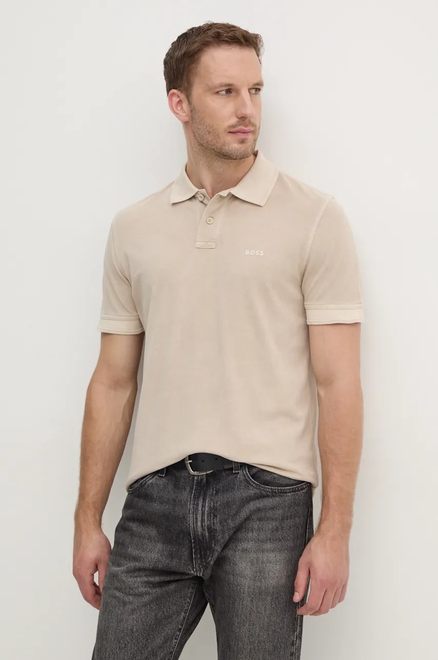 BOSS Orange polo de bumbac culoarea bej, neted, 50507813 BOSS Orange polo de bumbac culoarea bej, neted, 50507813