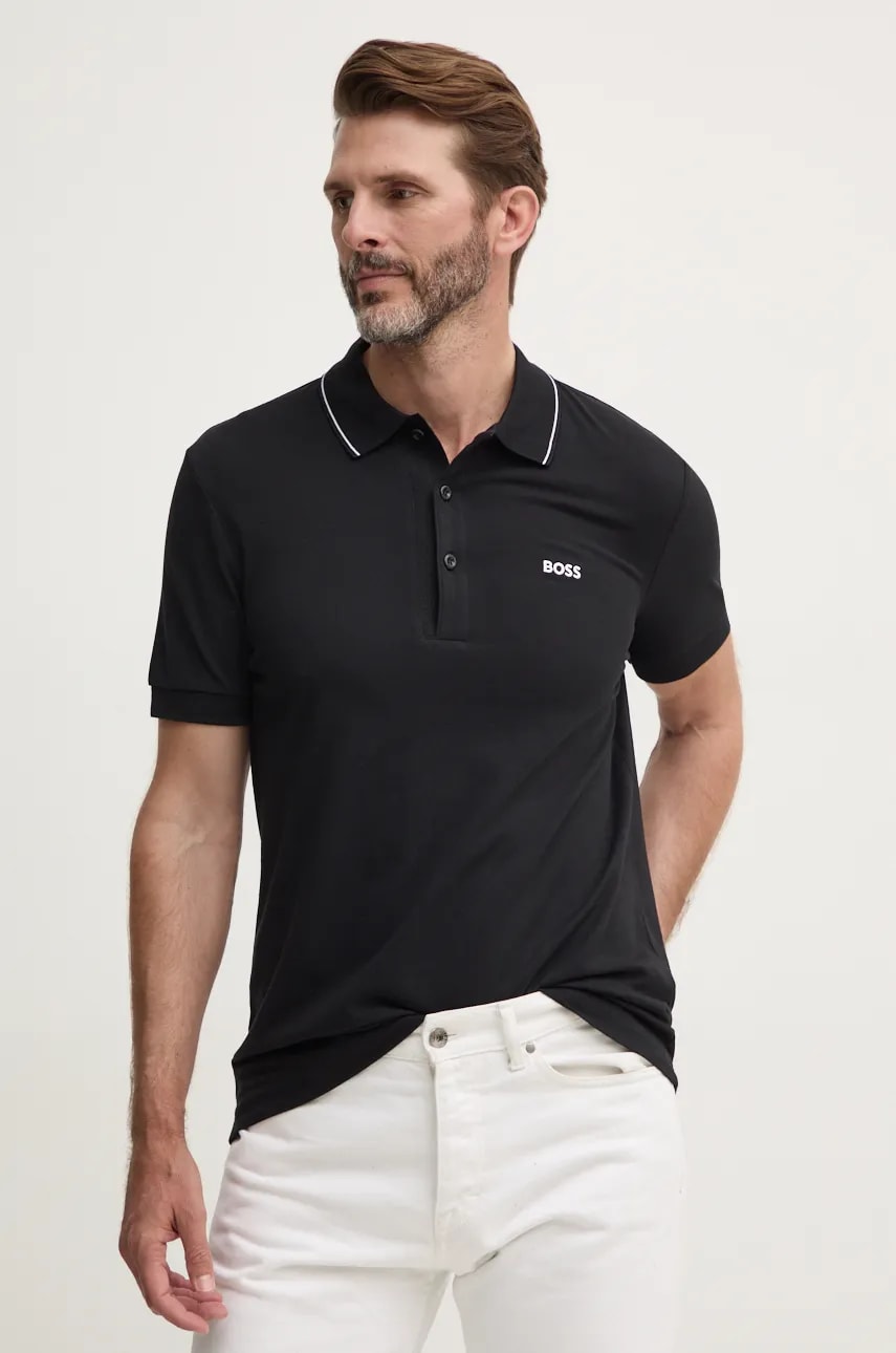 Boss Green polo de bumbac culoarea negru, neted, 50506195 Boss Green polo de bumbac culoarea negru, neted, 50506195