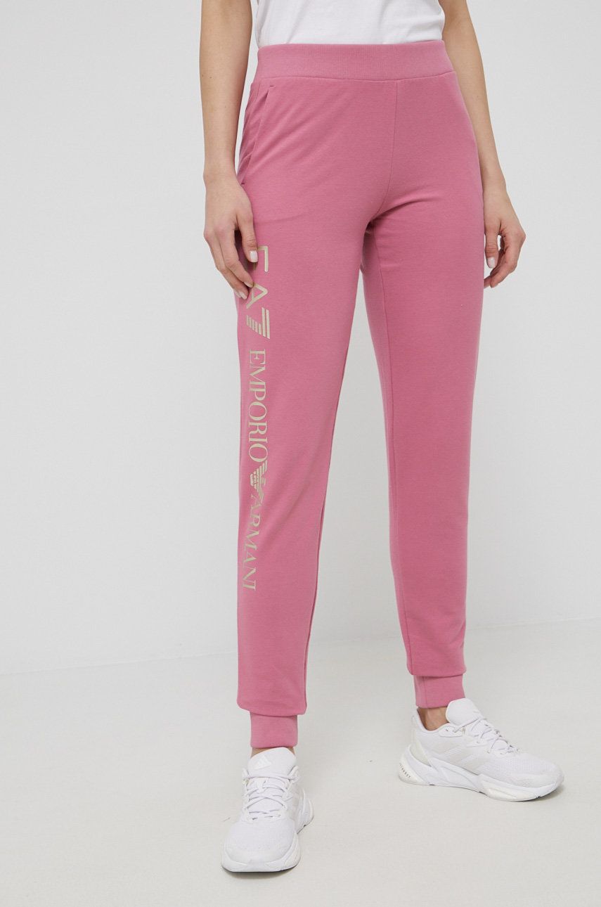 EA7 Emporio Armani pantaloni femei, culoarea roz, neted answear.ro