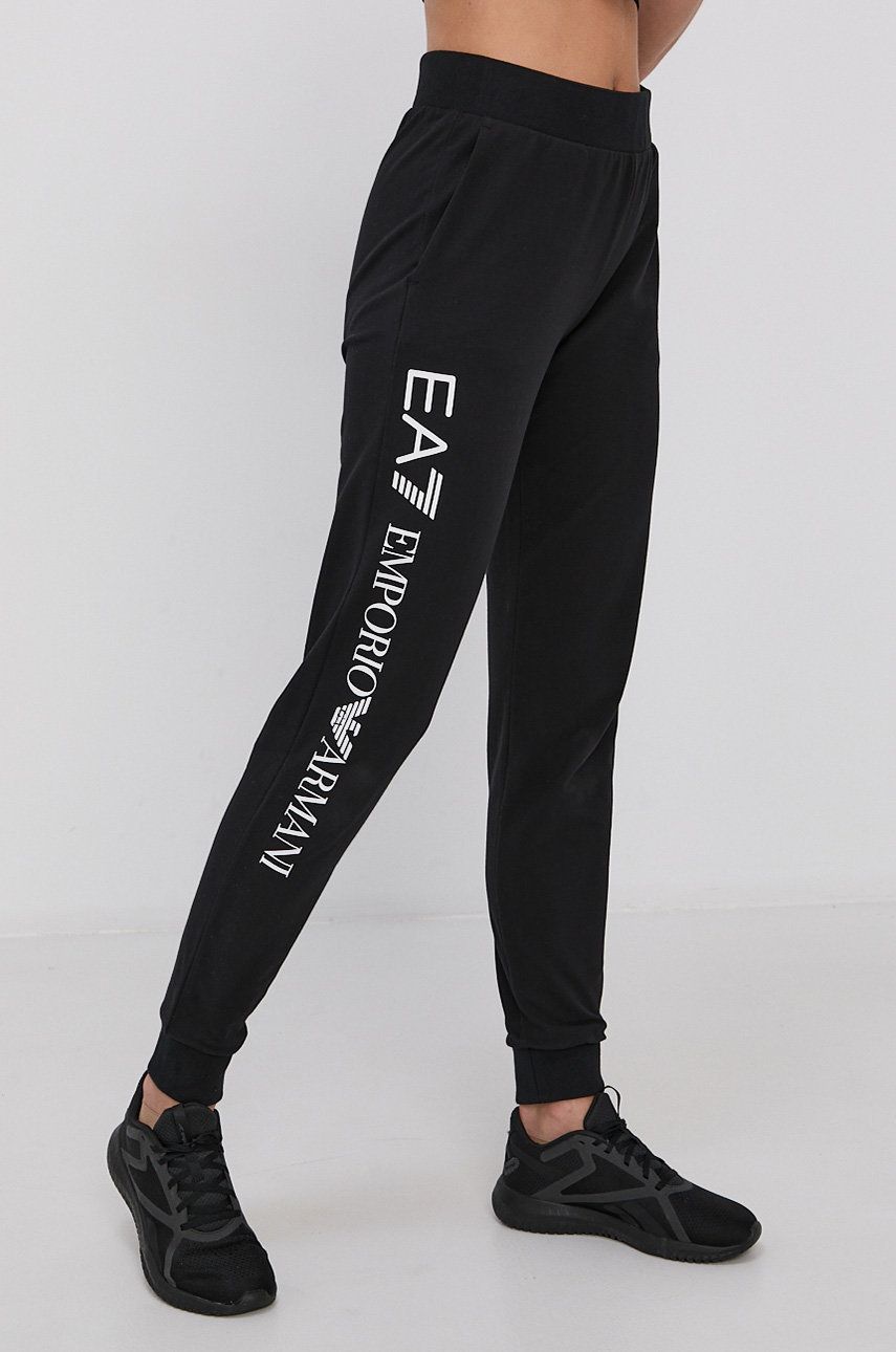 EA7 Emporio Armani Pantaloni femei, culoarea negru, material neted answear.ro