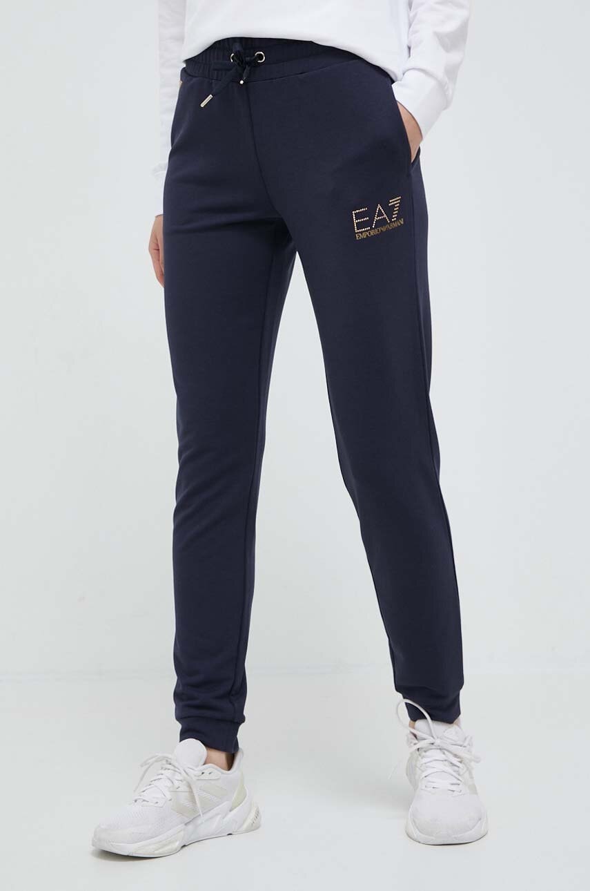 Ea7 Emporio Armani Pantaloni De Trening Femei, Culoarea Albastru Marin, Cu Imprimeu