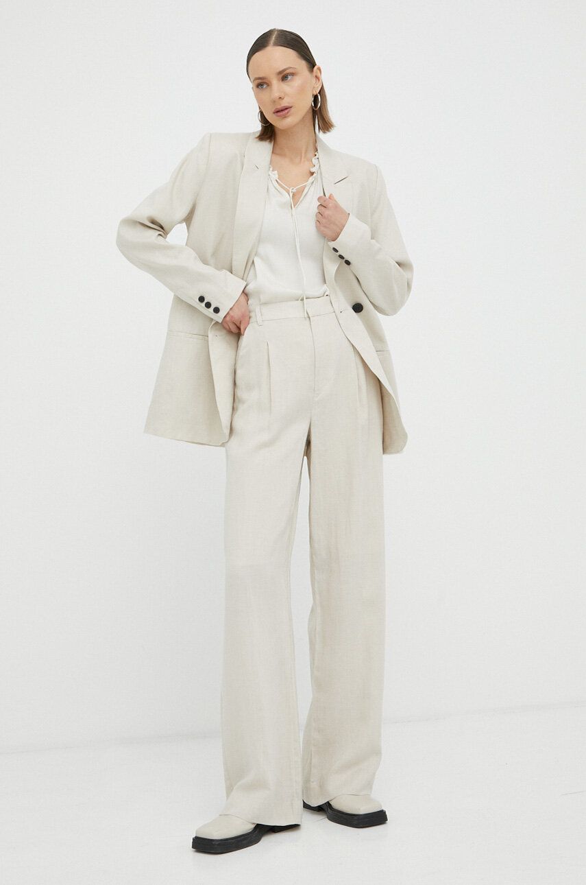 Kalhoty s lněnou směsí Gestuz Paula béžová barva, široké, high waist - béžová -  Hlavní materiá