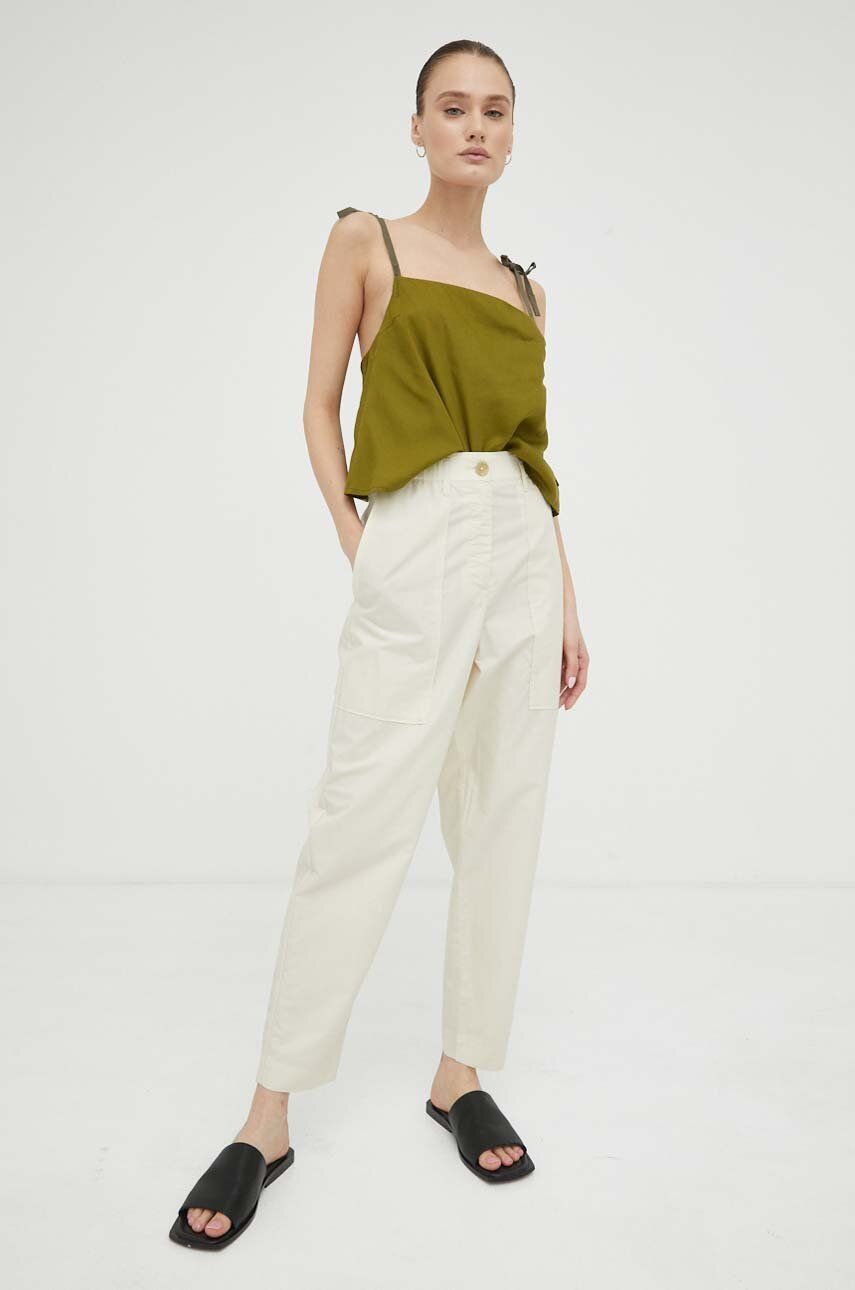 Kalhoty Marc O′Polo dámské, béžová barva, jednoduché, high waist - béžová -  59 % Bavlna