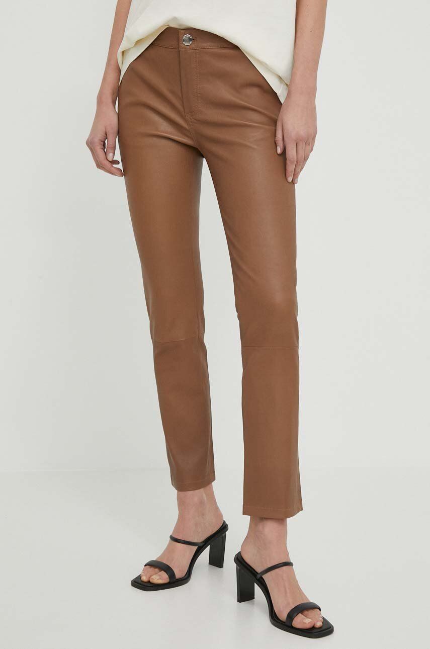 2NDDAY pantaloni de piele Leya femei, culoarea bej, drept, medium waist