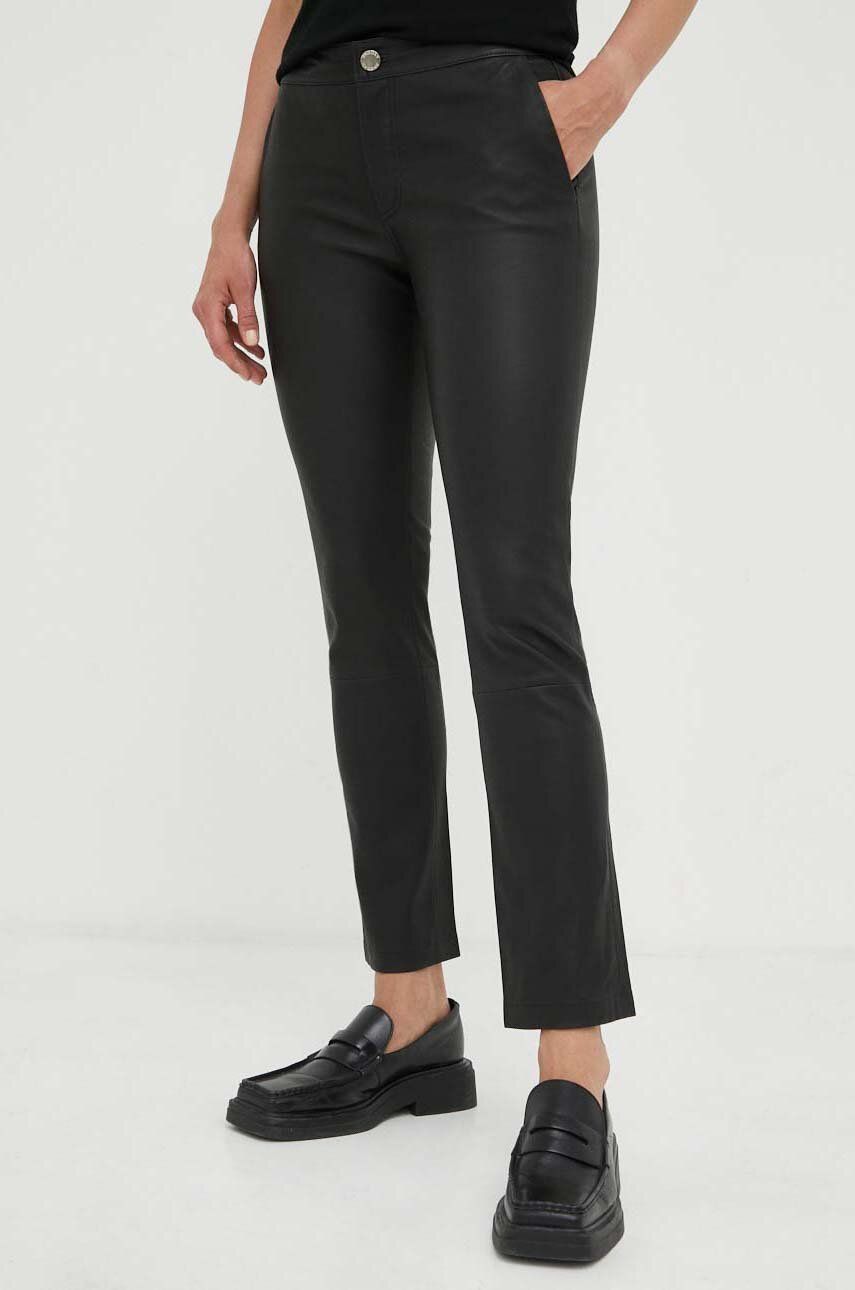 2ndday Pantaloni De Piele Leya Femei, Culoarea Negru, Drept, Medium Waist