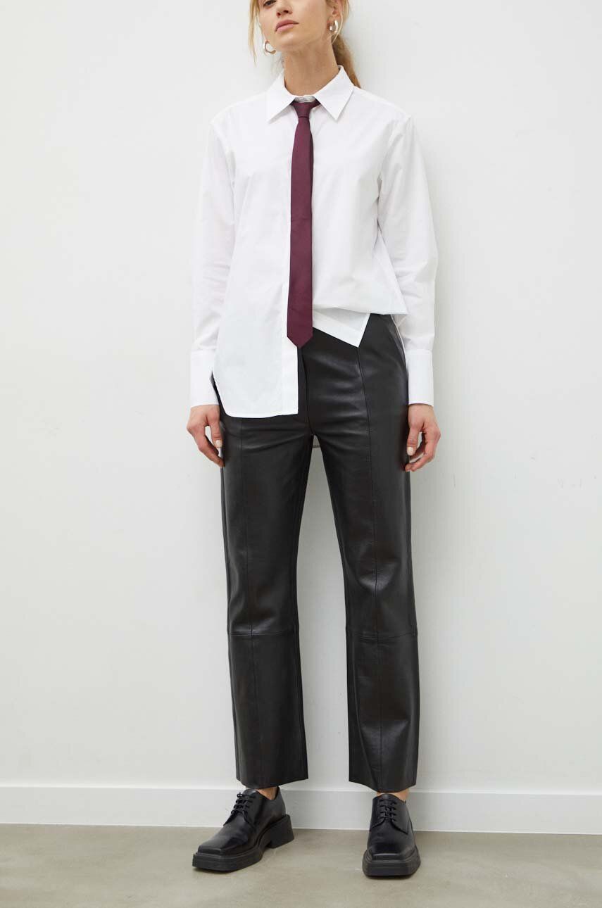 Day Birger et Mikkelsen pantaloni de piele femei, culoarea negru, drept, high waist