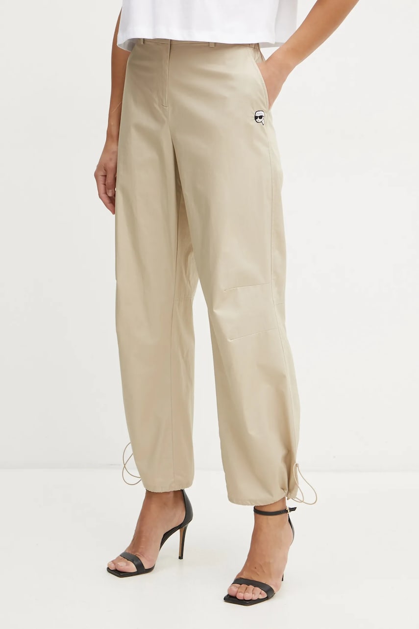 Karl Lagerfeld pantaloni de bumbac culoarea bej, lat, high waist, A1W10098 Karl Lagerfeld pantaloni de bumbac culoarea bej, lat, high waist, A1W10098