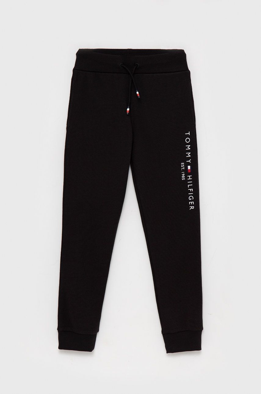 Dětské kalhoty Tommy Hilfiger černá barva, s aplikací - černá -  100% Organická bavlna