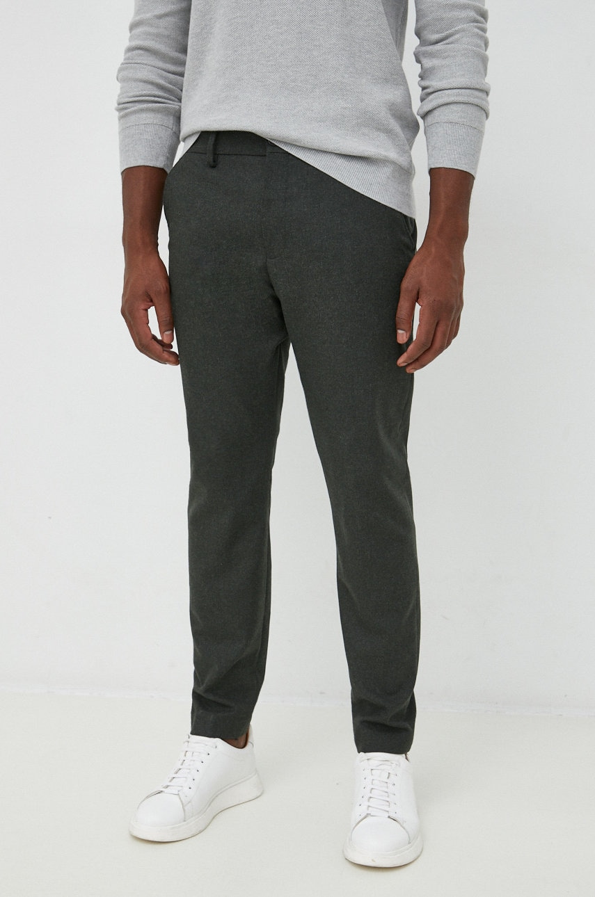 Selected homme pantaloni din lana barbati, culoarea verde, drept
