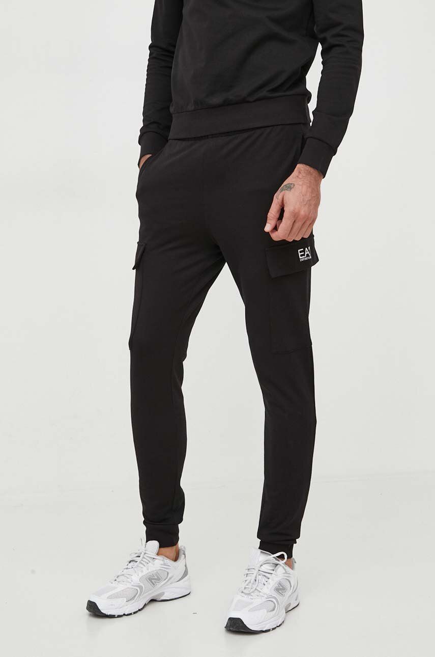 EA7 Emporio Armani pantaloni de trening din bumbac barbati, culoarea negru, neted