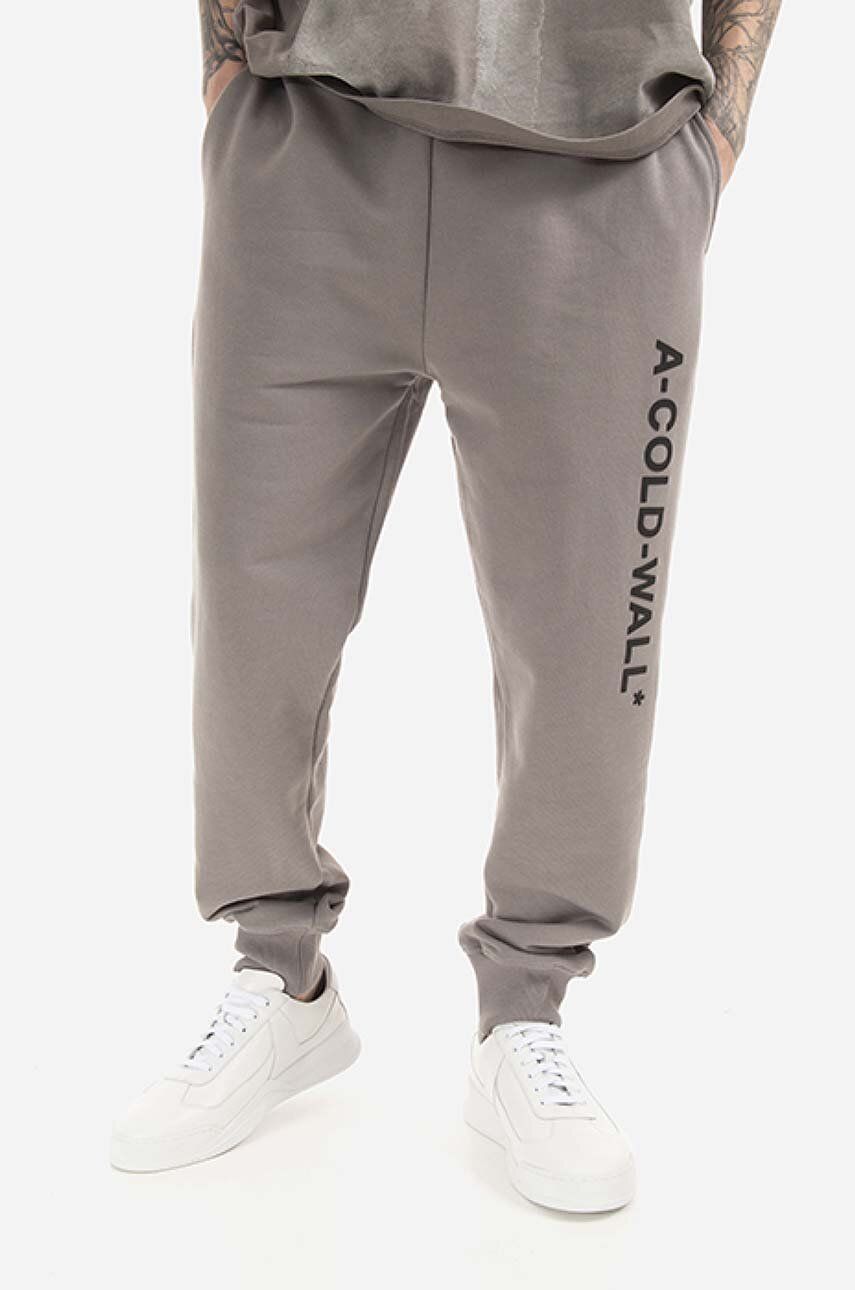 A-COLD-WALL* pantaloni de trening din bumbac Essential Logo culoarea gri, cu imprimeu ACWMB096.-SLATE.GREY