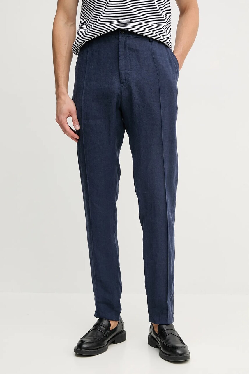 Emporio Armani pantaloni din in barbati, culoarea albastru marin, mulata, 01P590 01448