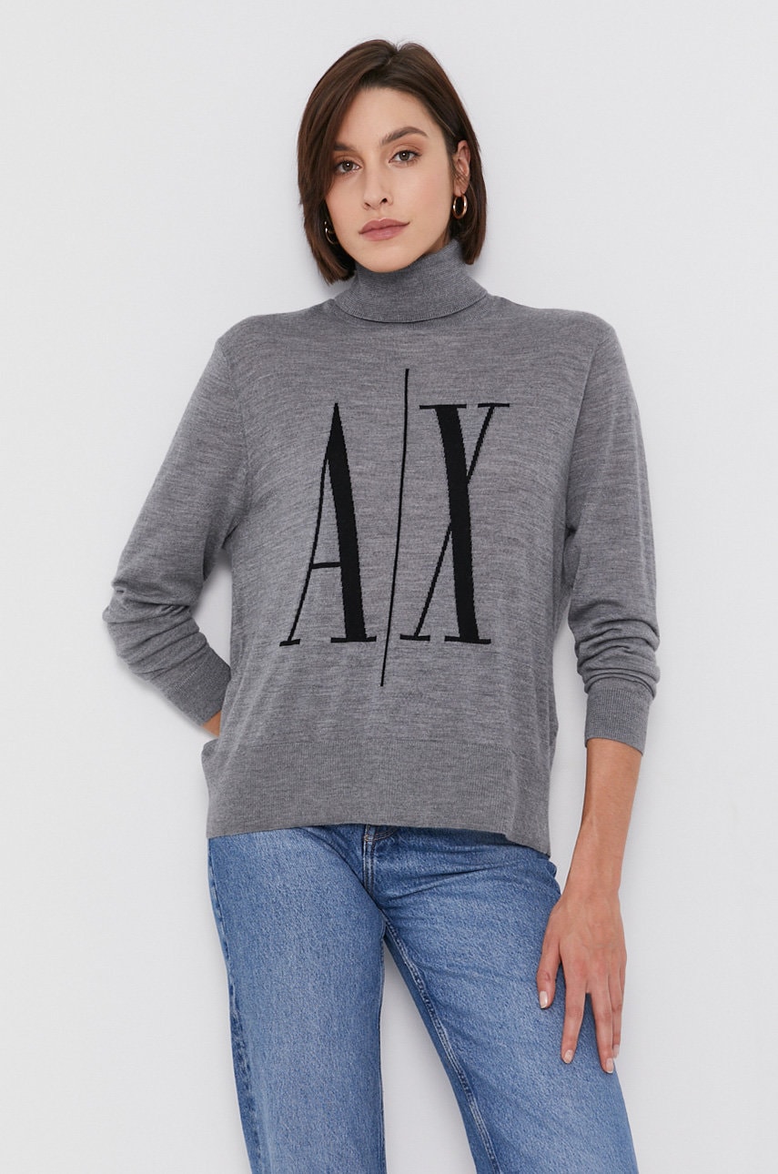 Armani Exchange Pulover De Lana Femei, Culoarea Gri, Light, Cu Guler