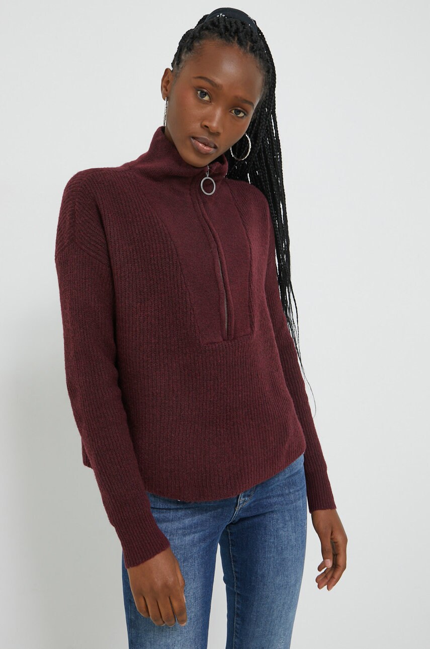 Noisy may pulover femei, culoarea bordo, cu turtleneck